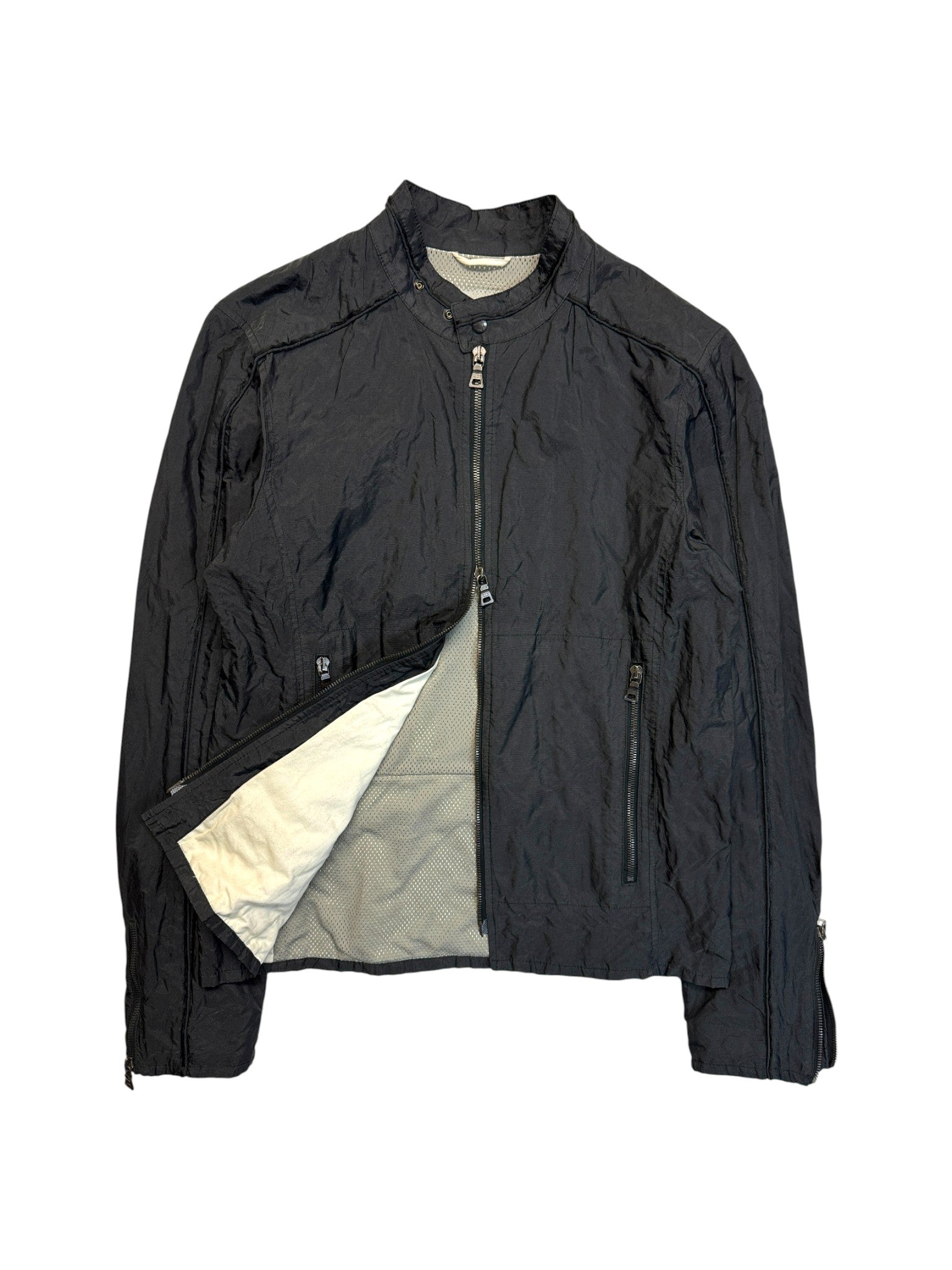 00s Prada Biker Jacke Nylon Metallic Two-Way Zip Schwarz 48 M