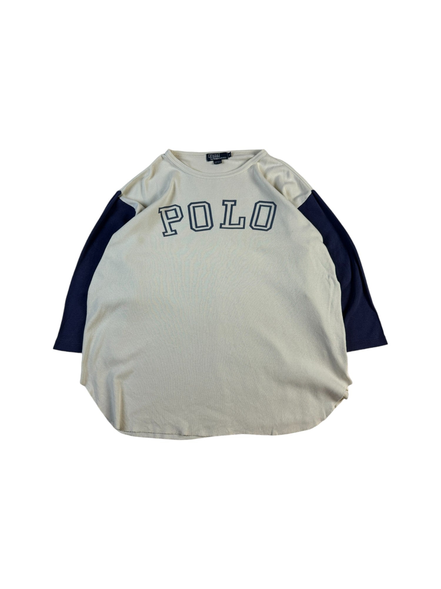 Vintage Ralph Lauren Longsleeve Early 90s Feinripp Big Logo Made In USA Creme Dunkelblau XL