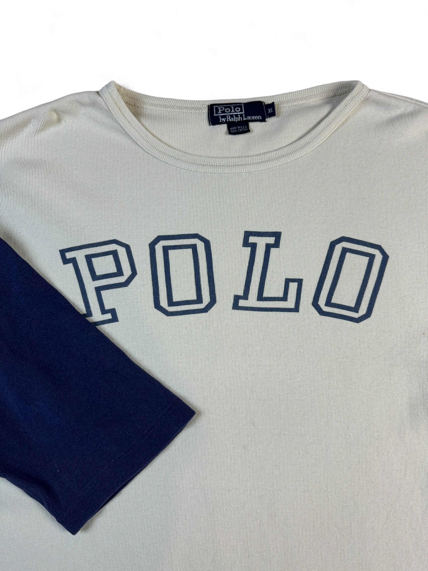 Vintage Ralph Lauren Longsleeve Early 90s Feinripp Big Logo Made In USA Creme Dunkelblau XL