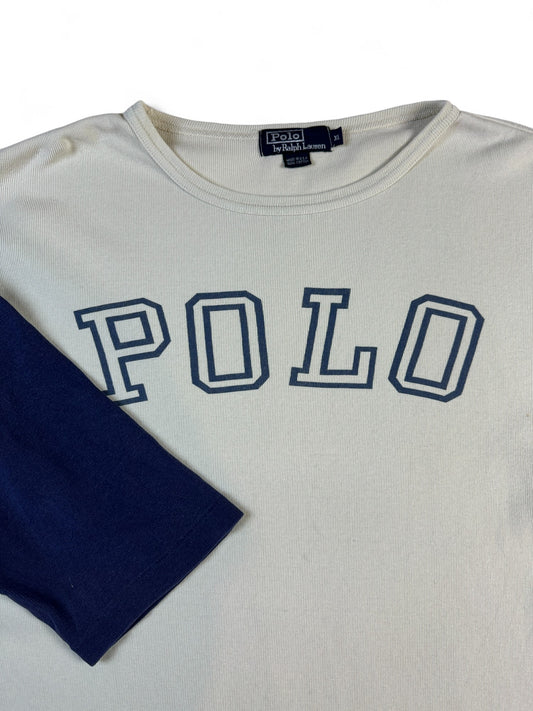 Vintage Ralph Lauren Longsleeve Early 90s Big Logo Made In USA Creme Dunkelblau XL
