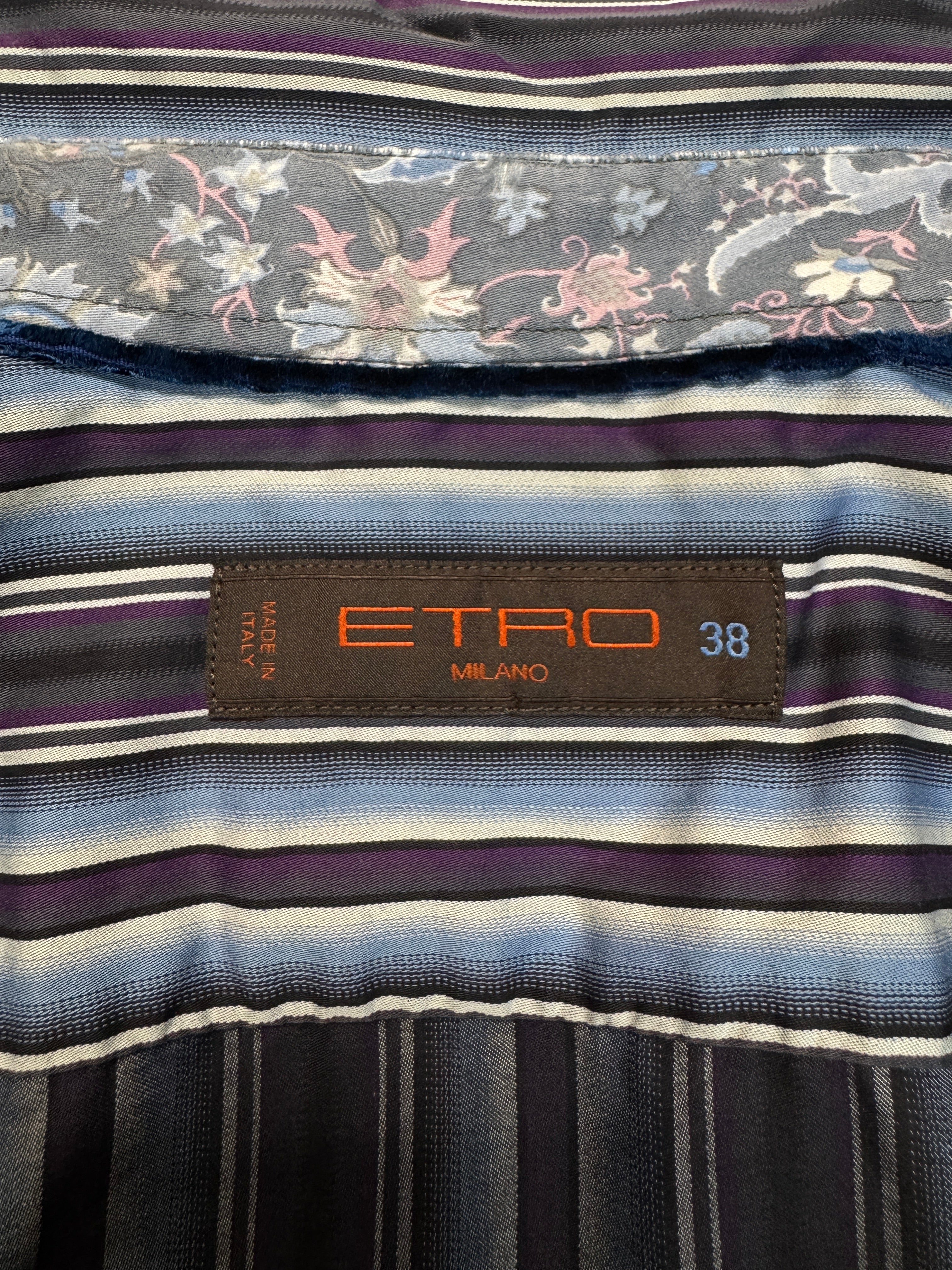 00s Etro Milan Hemd Striped Hidden Floral Trim Lila Blau