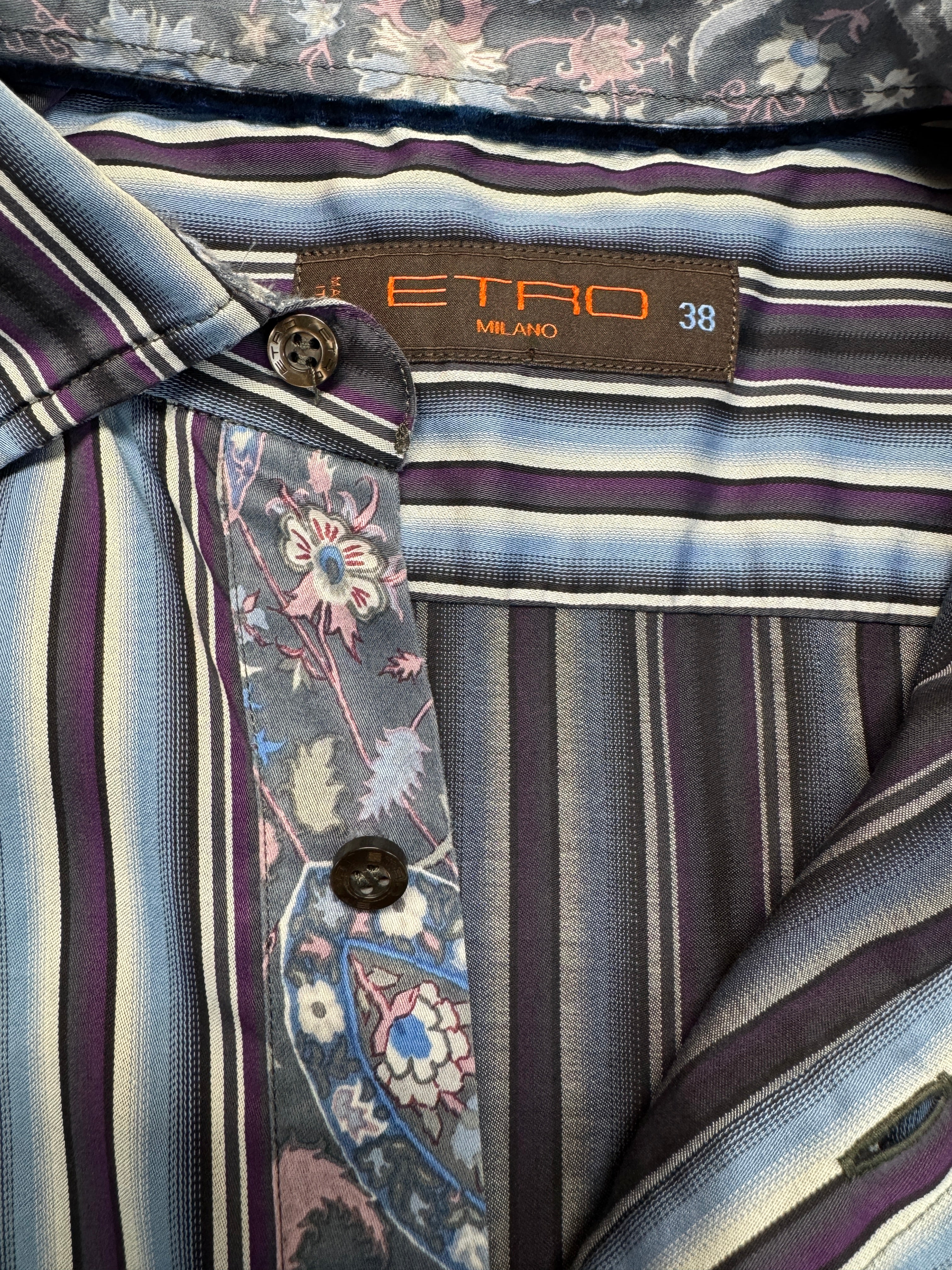00s Etro Milan Hemd Striped Hidden Floral Trim Lila Blau