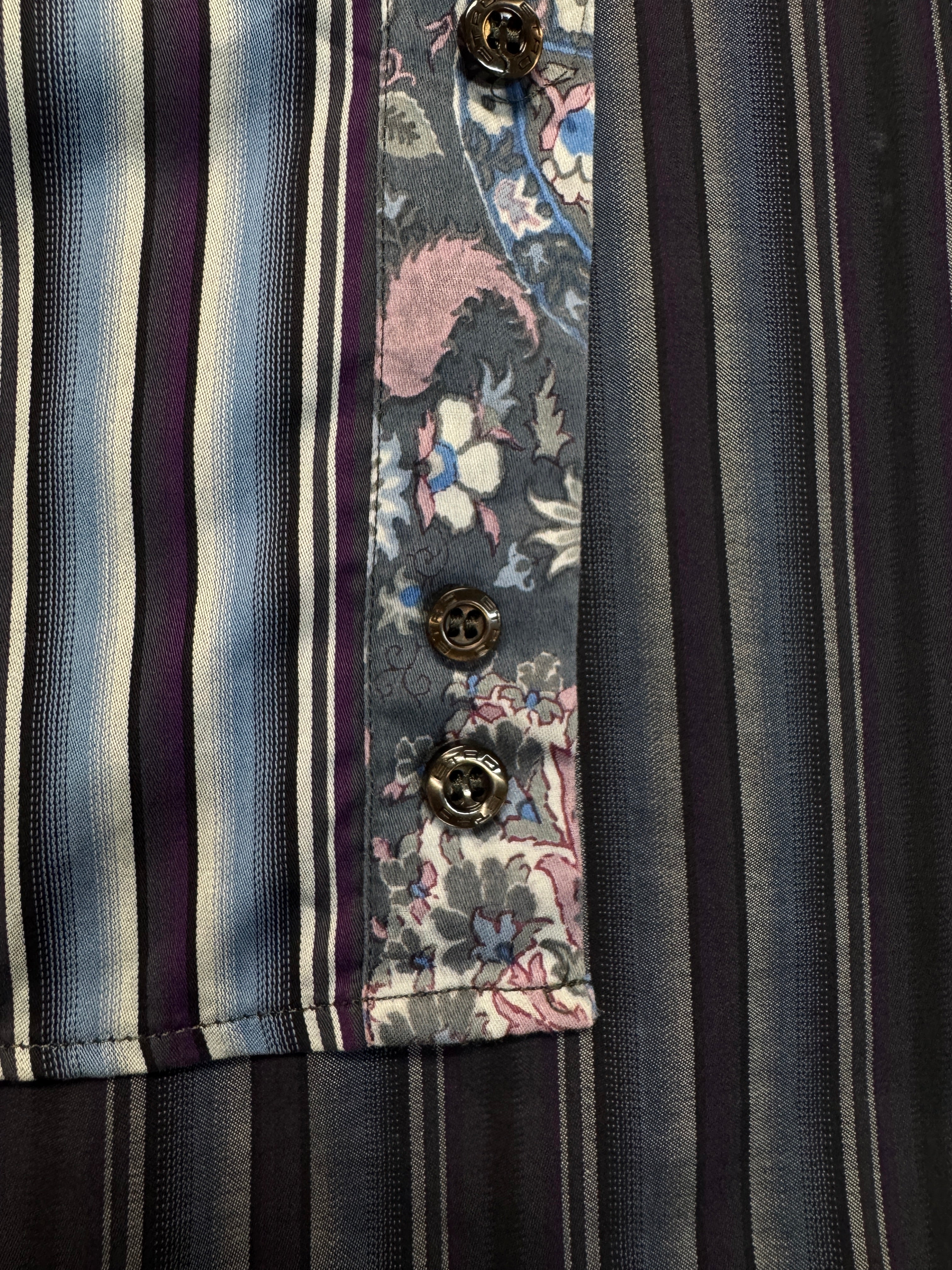 00s Etro Milan Hemd Striped Hidden Floral Trim Lila Blau