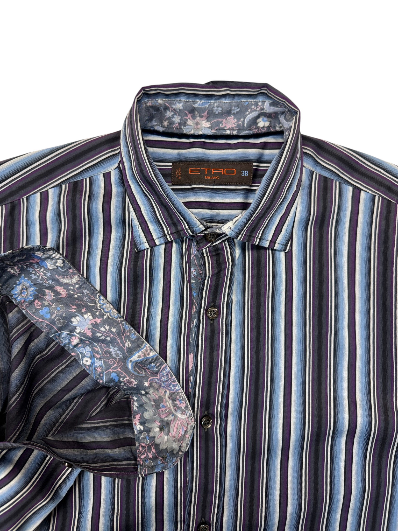 00s Etro Milan Hemd Striped Hidden Floral Trim Lila Blau