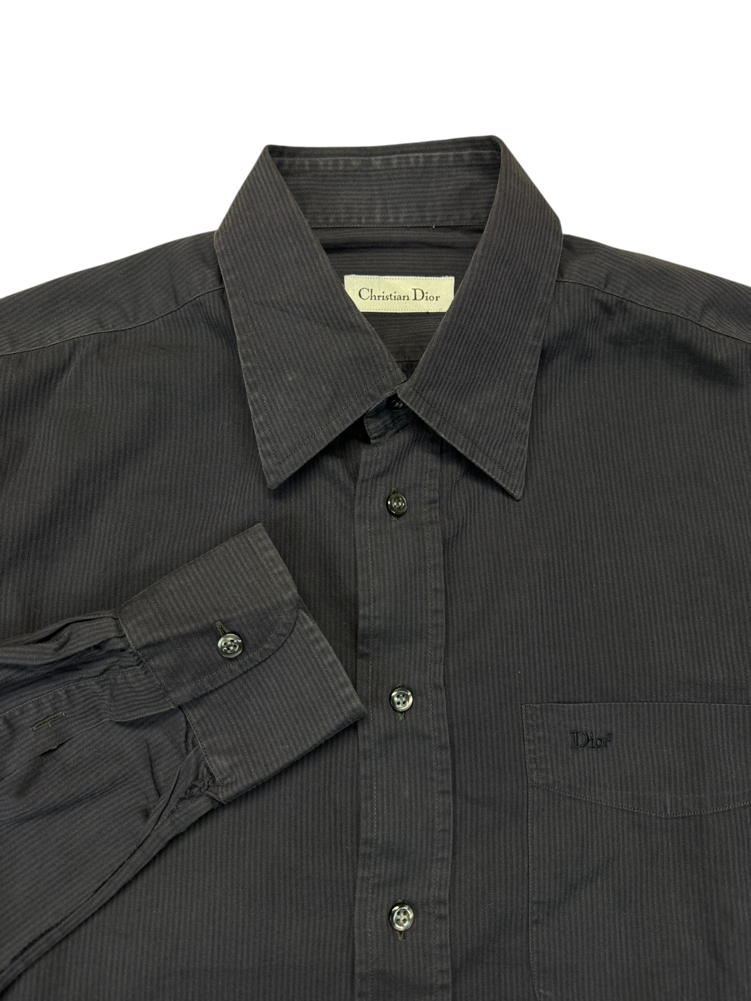 00s Christian Dior Hemd Hidden Button Down Gestreift Logo Stick Schwarz