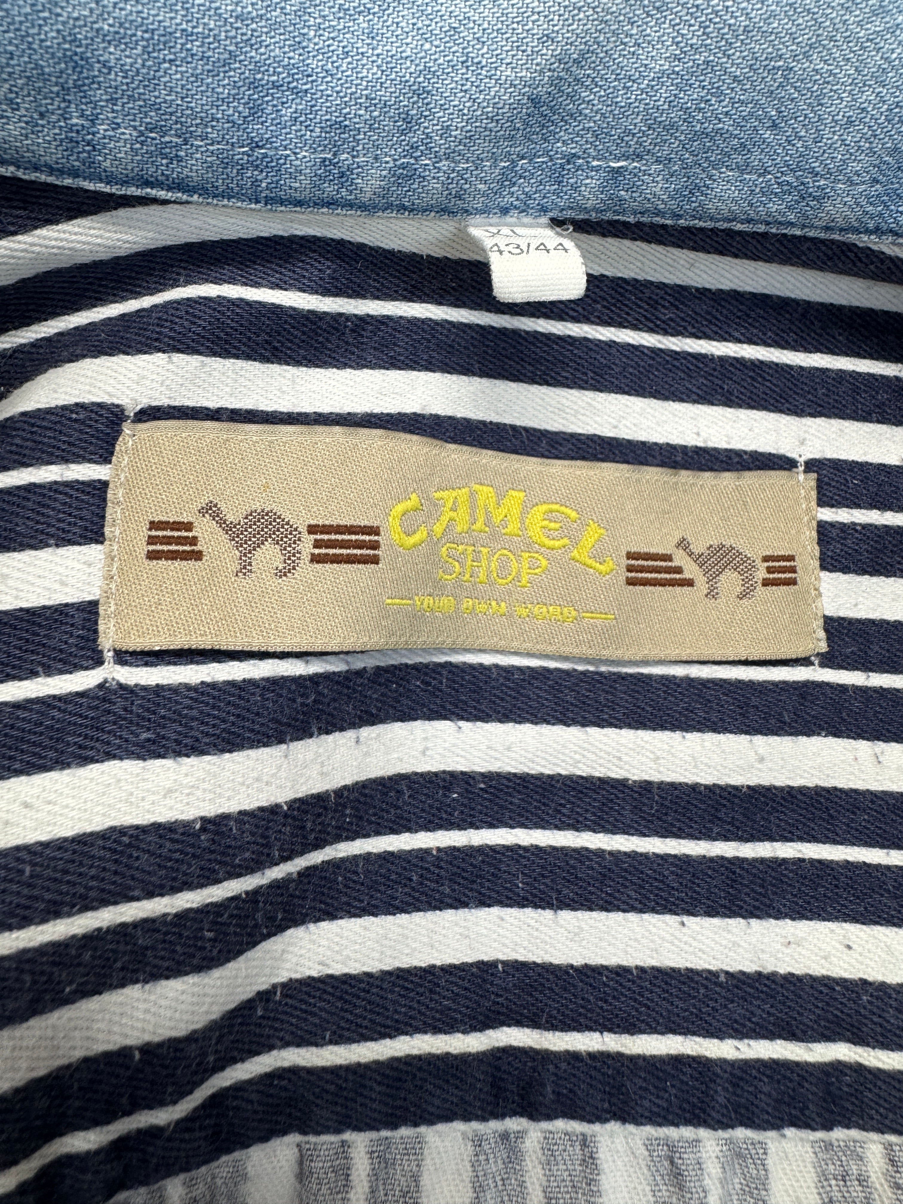 90s Camel Western Jeanshemd Gestreift Blau Weiß