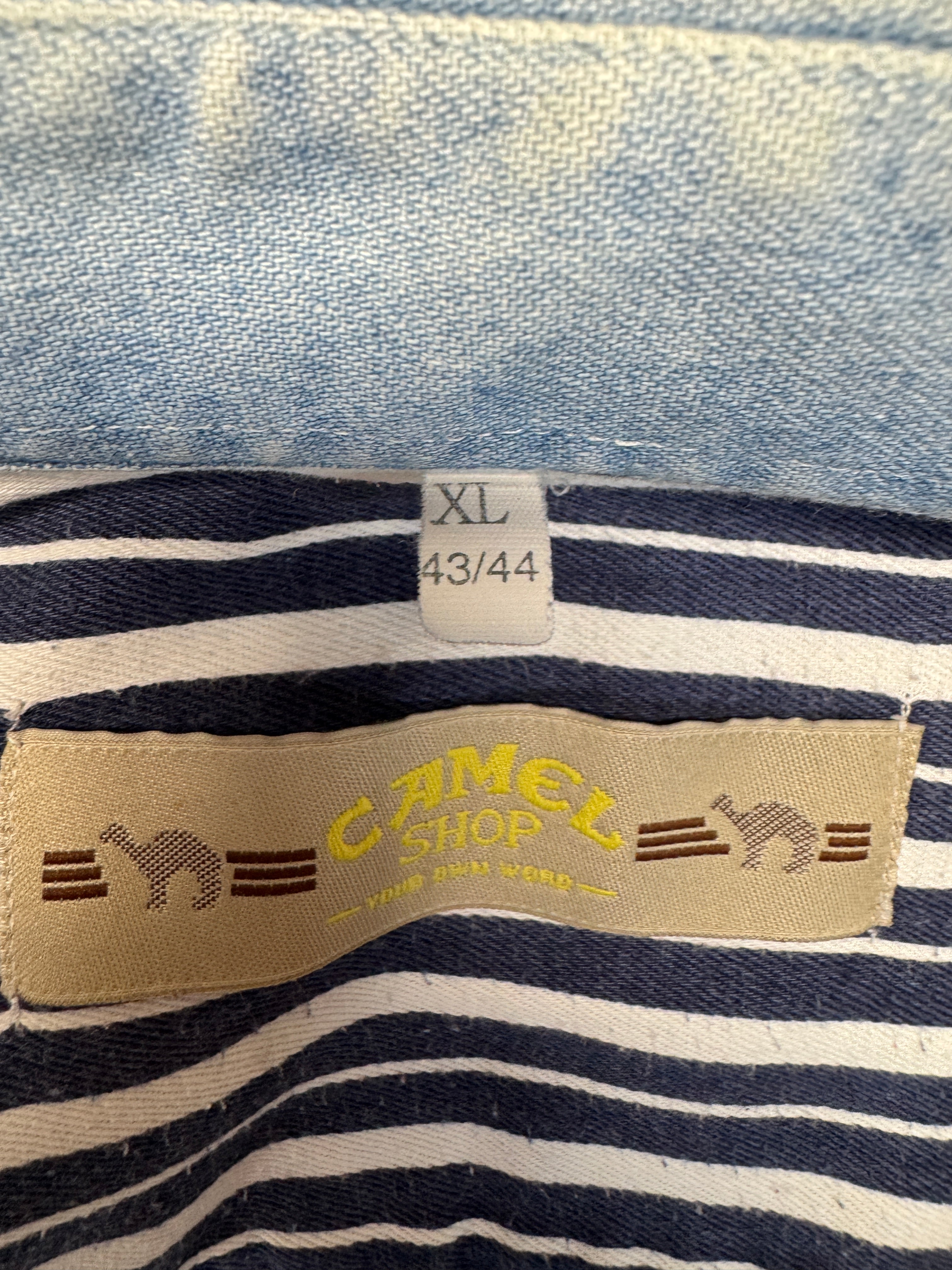 90s Camel Western Jeanshemd Gestreift Blau Weiß