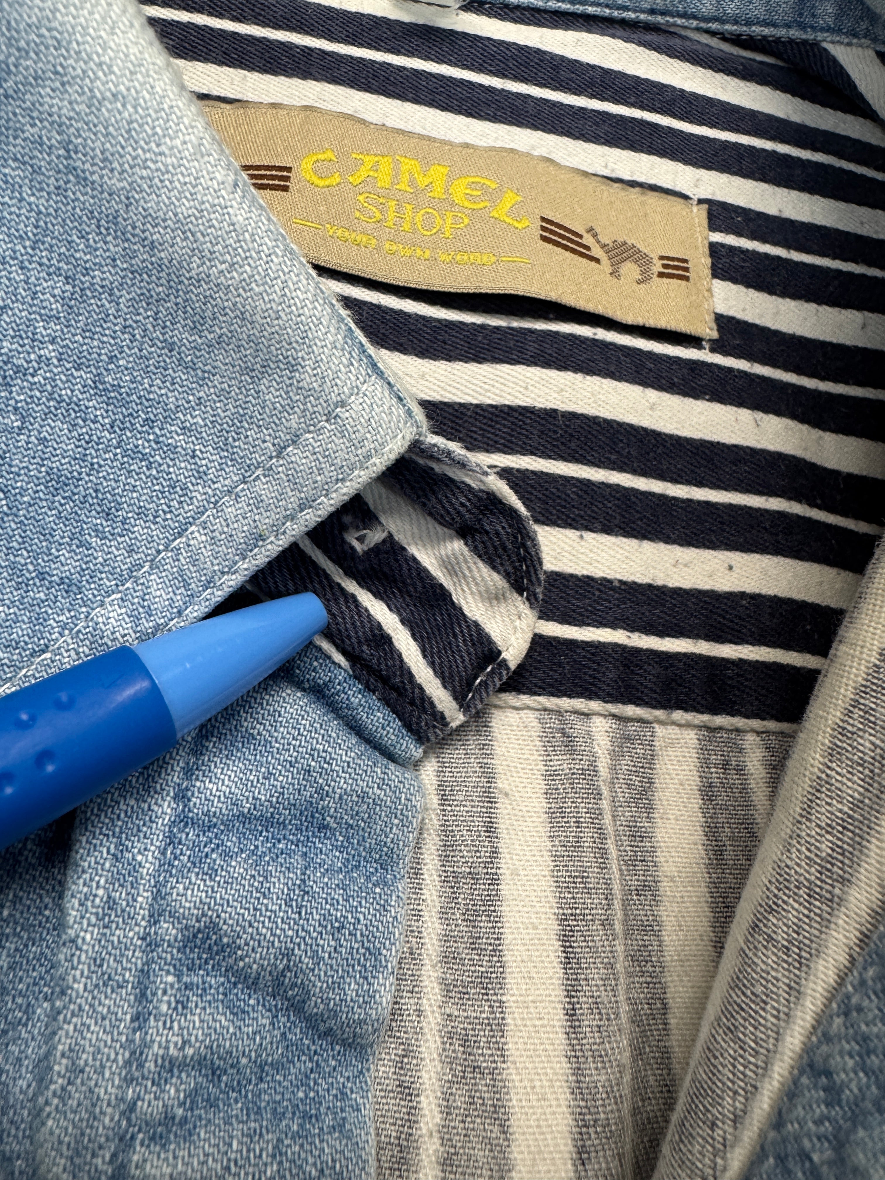 90s Camel Western Jeanshemd Gestreift Blau Weiß