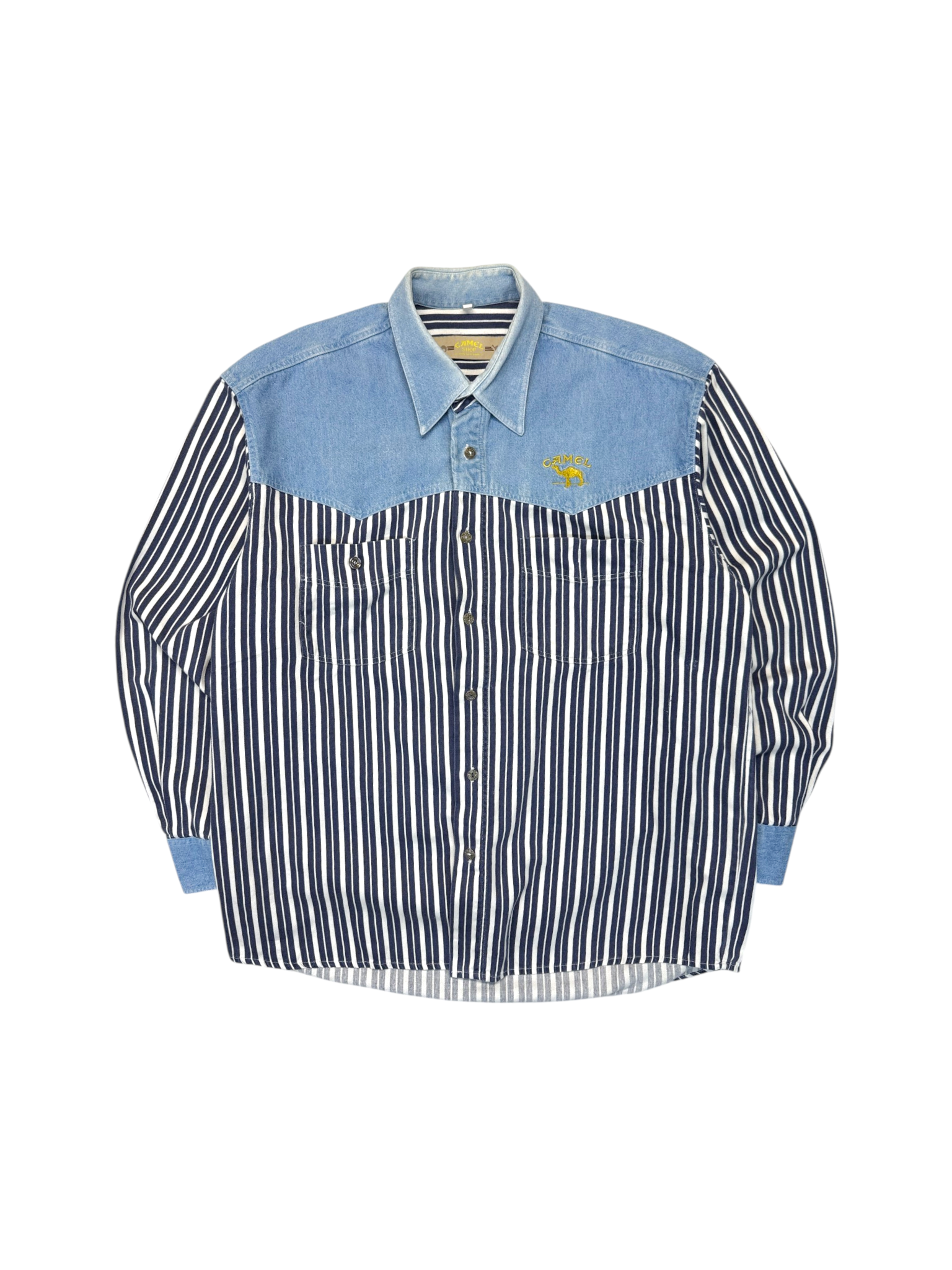 90s Camel Western Jeanshemd Gestreift Blau Weiß