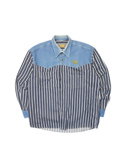 90s Camel Western Jeanshemd Gestreift Blau Weiß