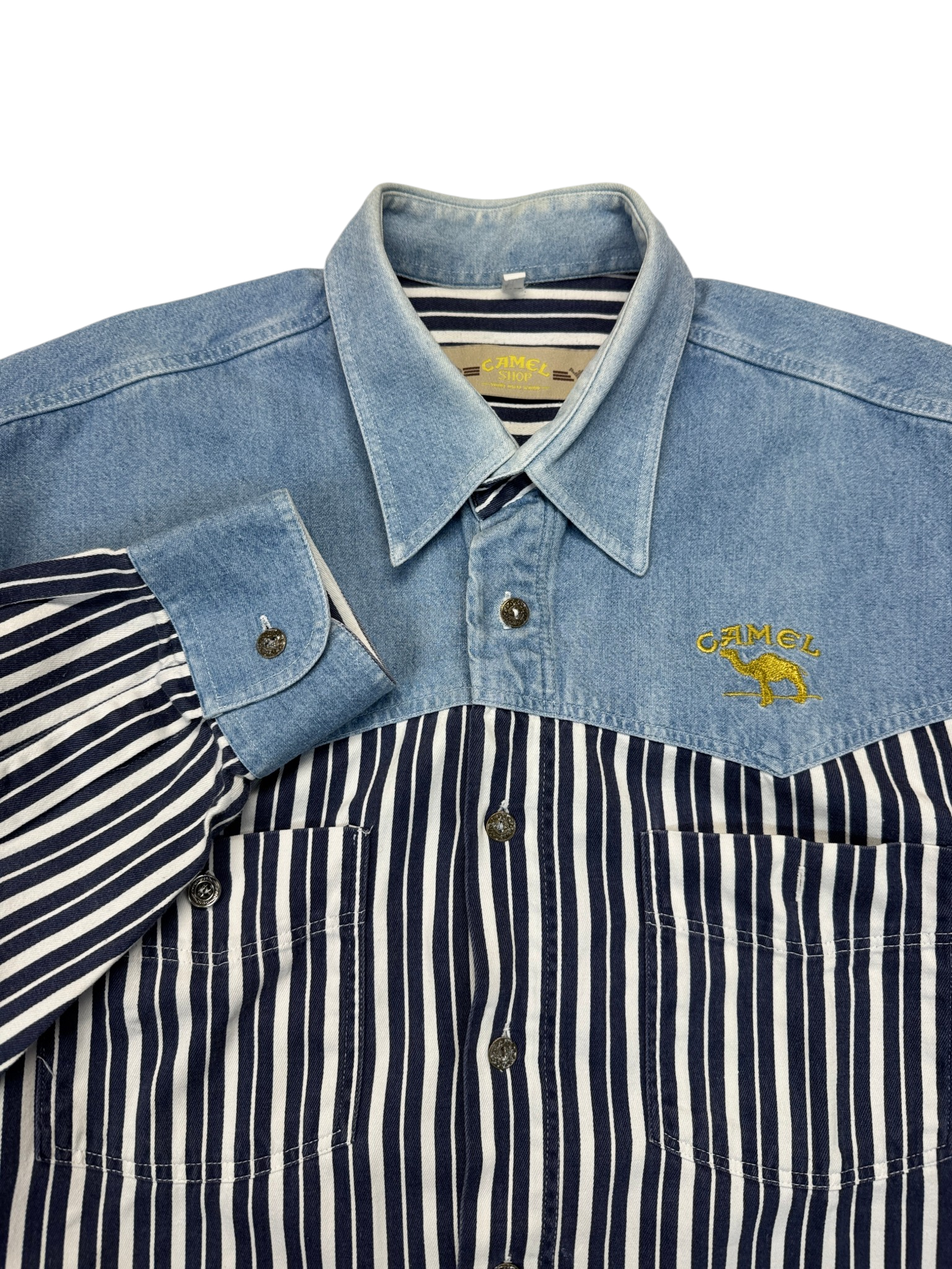 90s Camel Western Jeanshemd Gestreift Blau Weiß