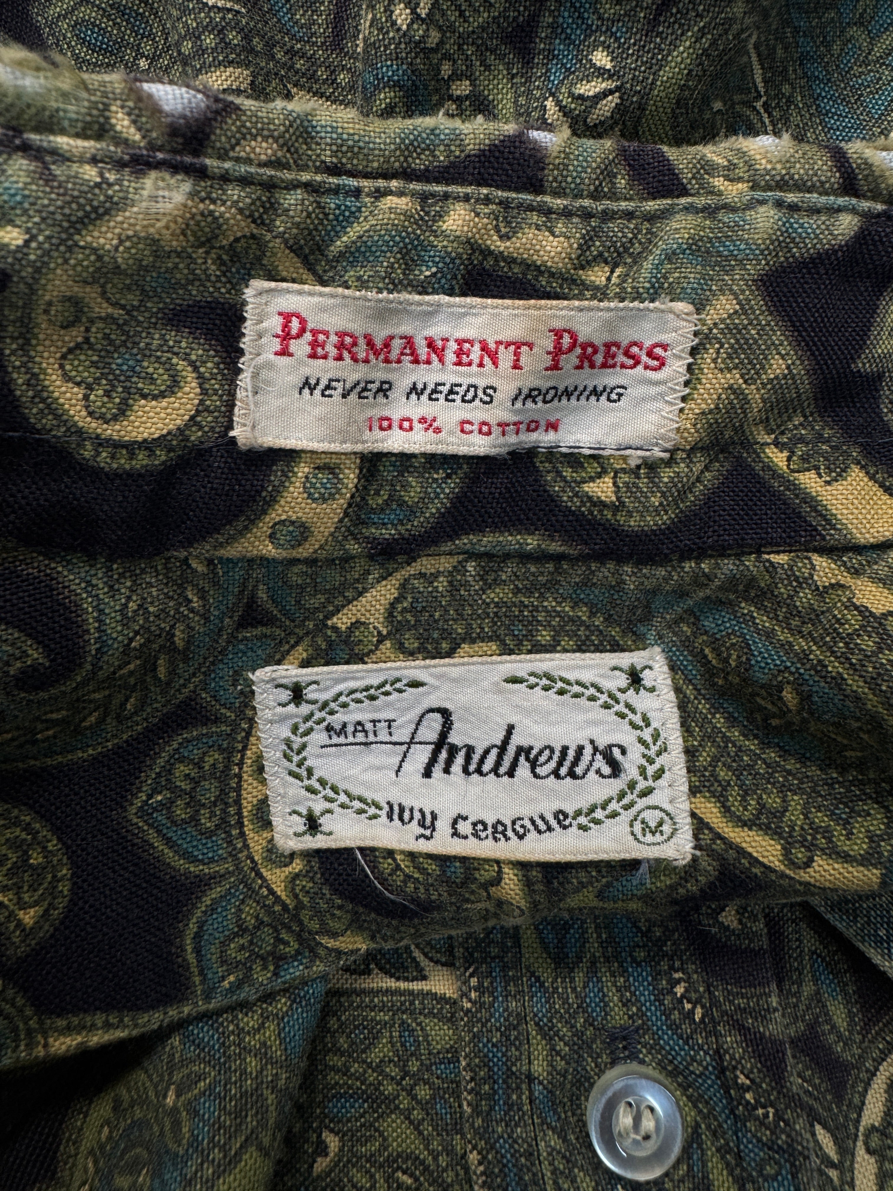 70s Matt Andrews Ivy League Faded Paisley Hemd Grün