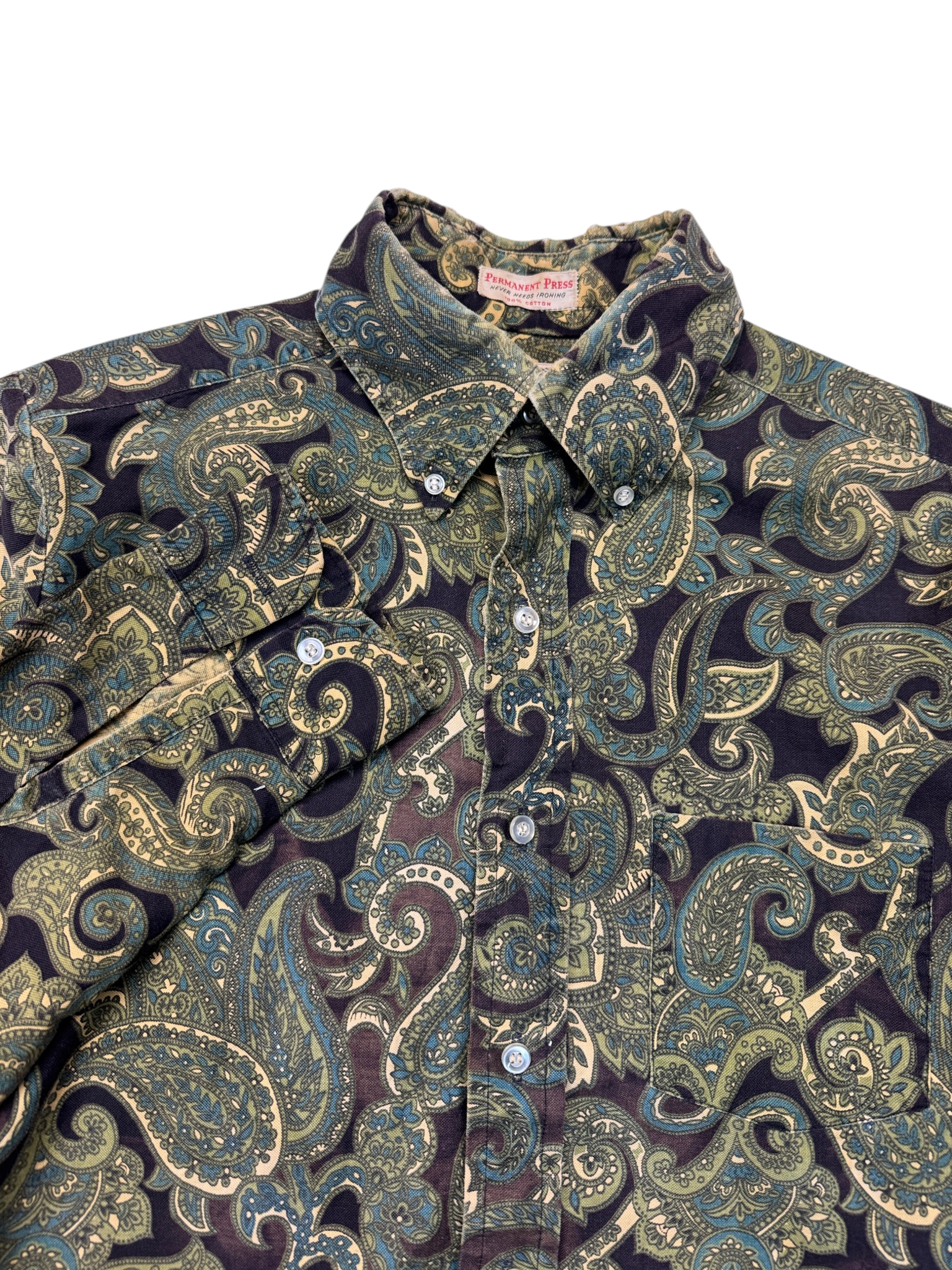 70s Matt Andrews Ivy League Faded Paisley Hemd Grün