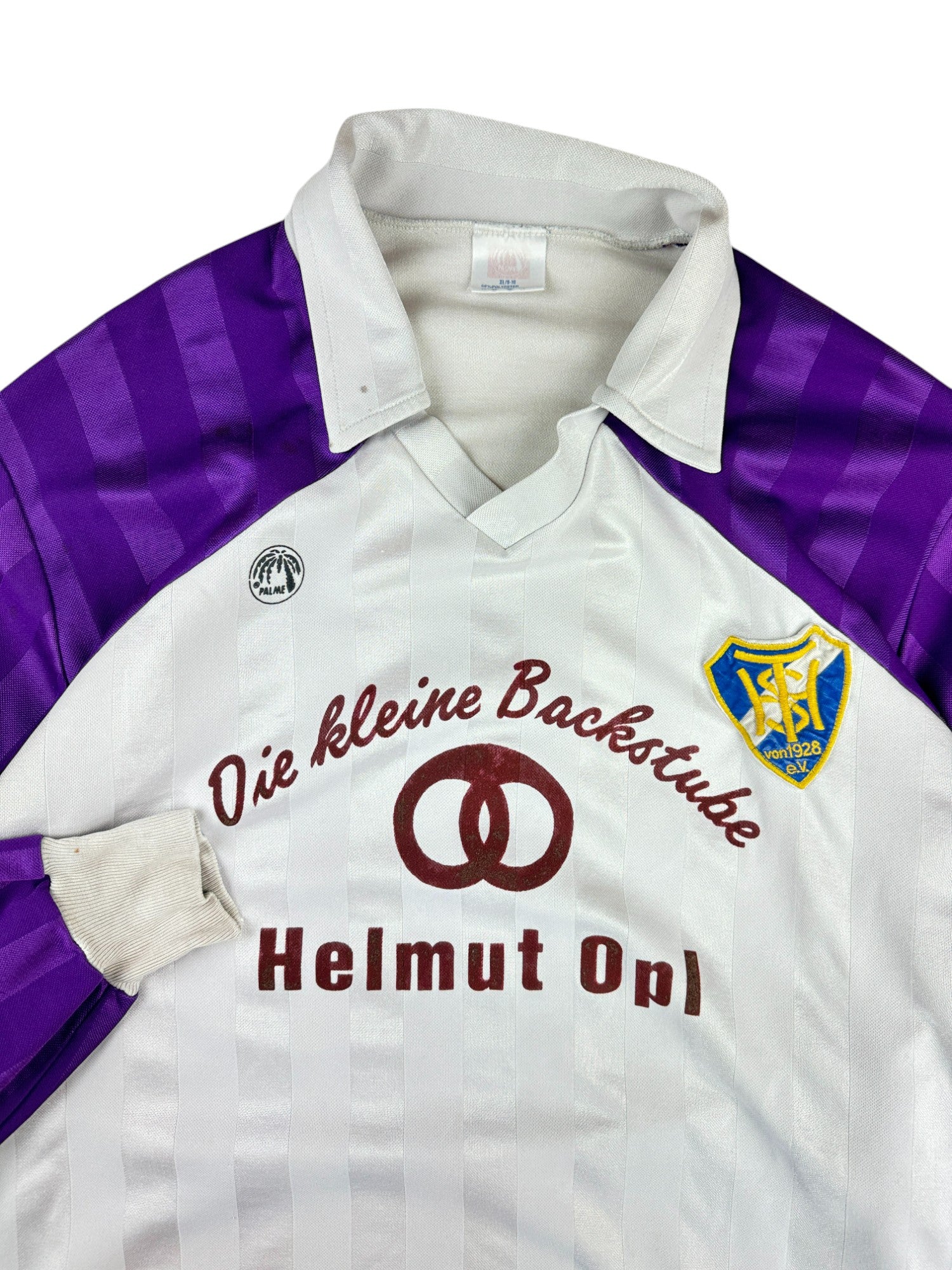 Vintage Palme Trikot Langarm 80s THS Hasloh "Die Kleine Backstube" Made In West Germany Lila, Weiß XL