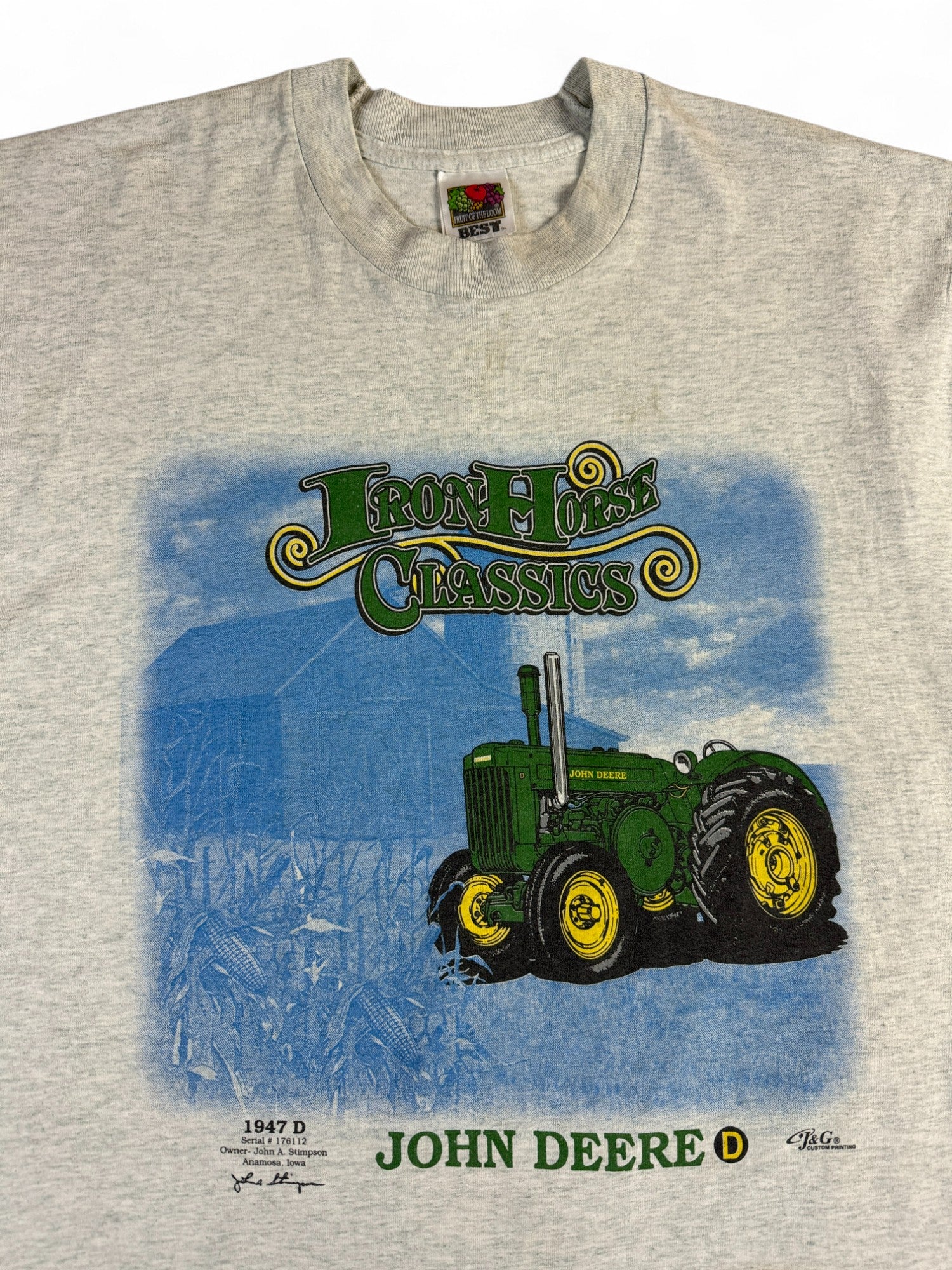 Vintage Fruit Of The Loom Shirt Ärmellos 90s John Deere "Iron Horse" Single Stitch Grau L - RareRags