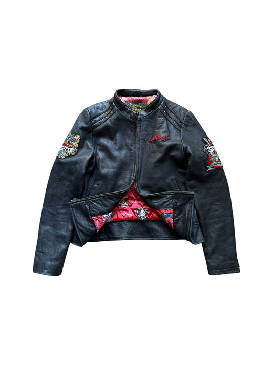 Ed Hardy x Avirex Damen Lederjacke 00s By Christian Audigier Schwarz L
