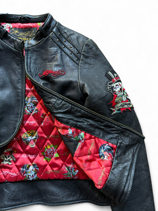 Ed Hardy x Avirex Damen Lederjacke 00s By Christian Audigier Schwarz L