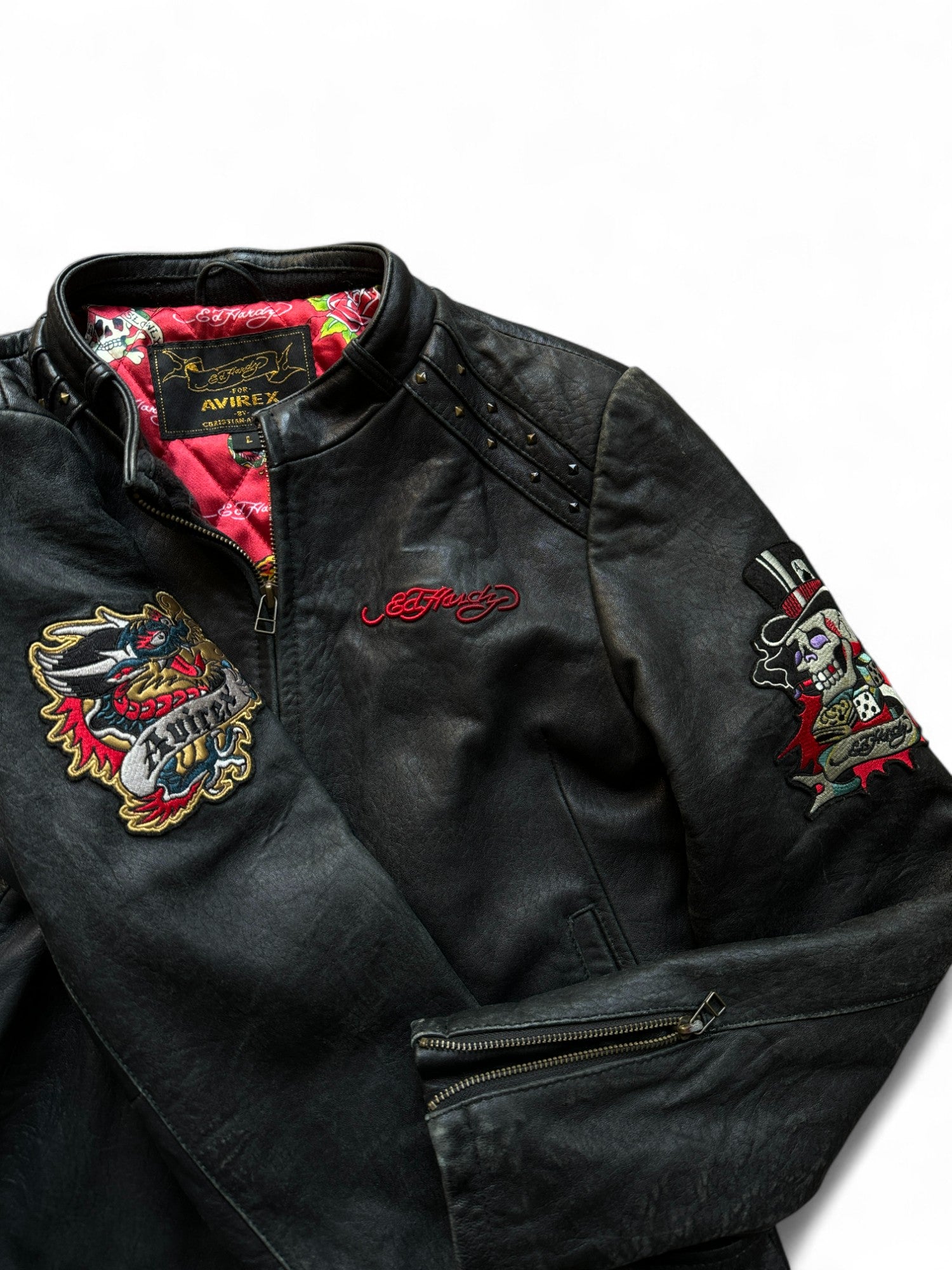 Ed Hardy x Avirex Damen Lederjacke 00s By Christian Audigier Schwarz L