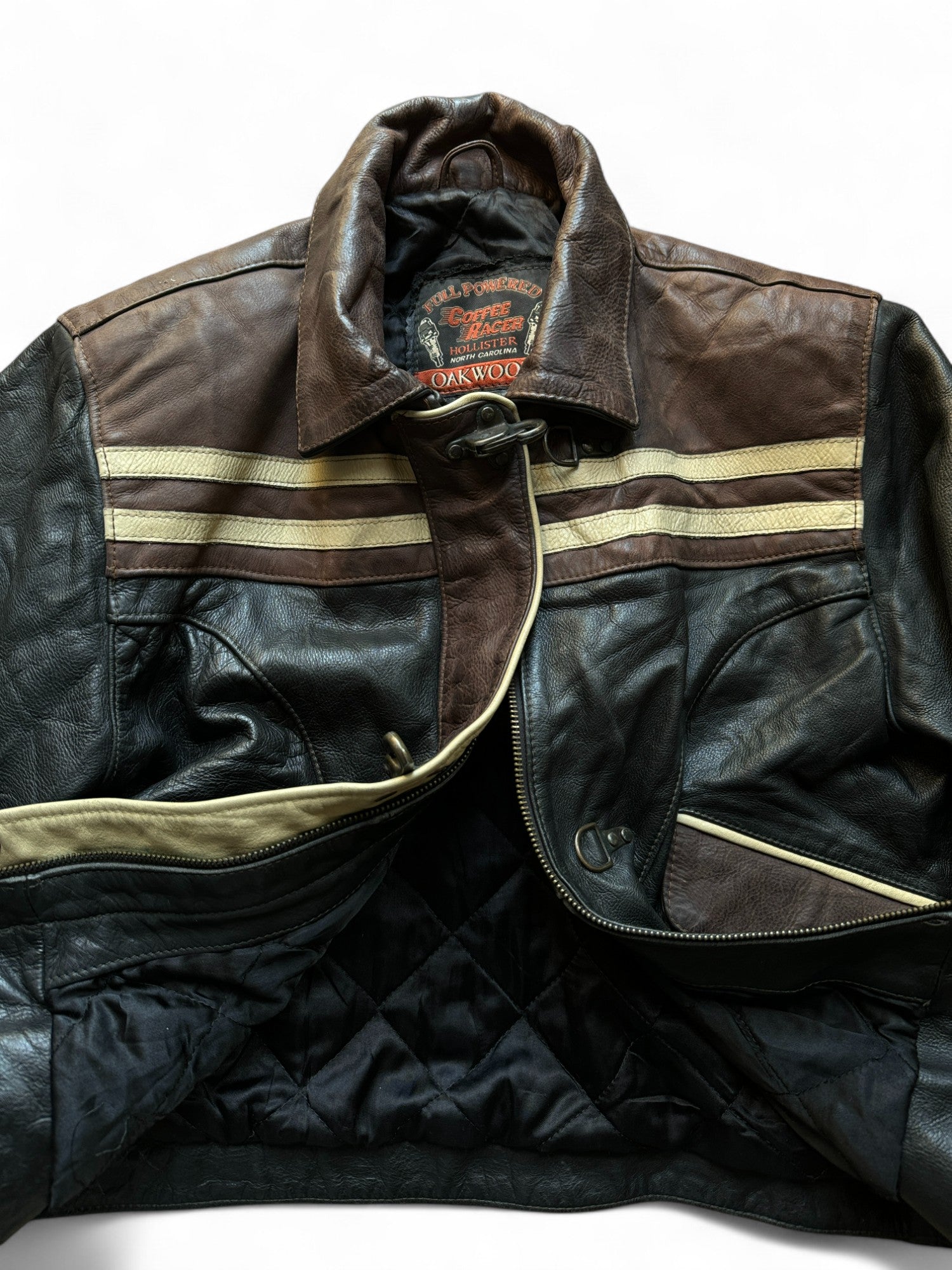 Vintage Oakwood Lederjacke 90s Karabinerverschluss Schwarz Braun S