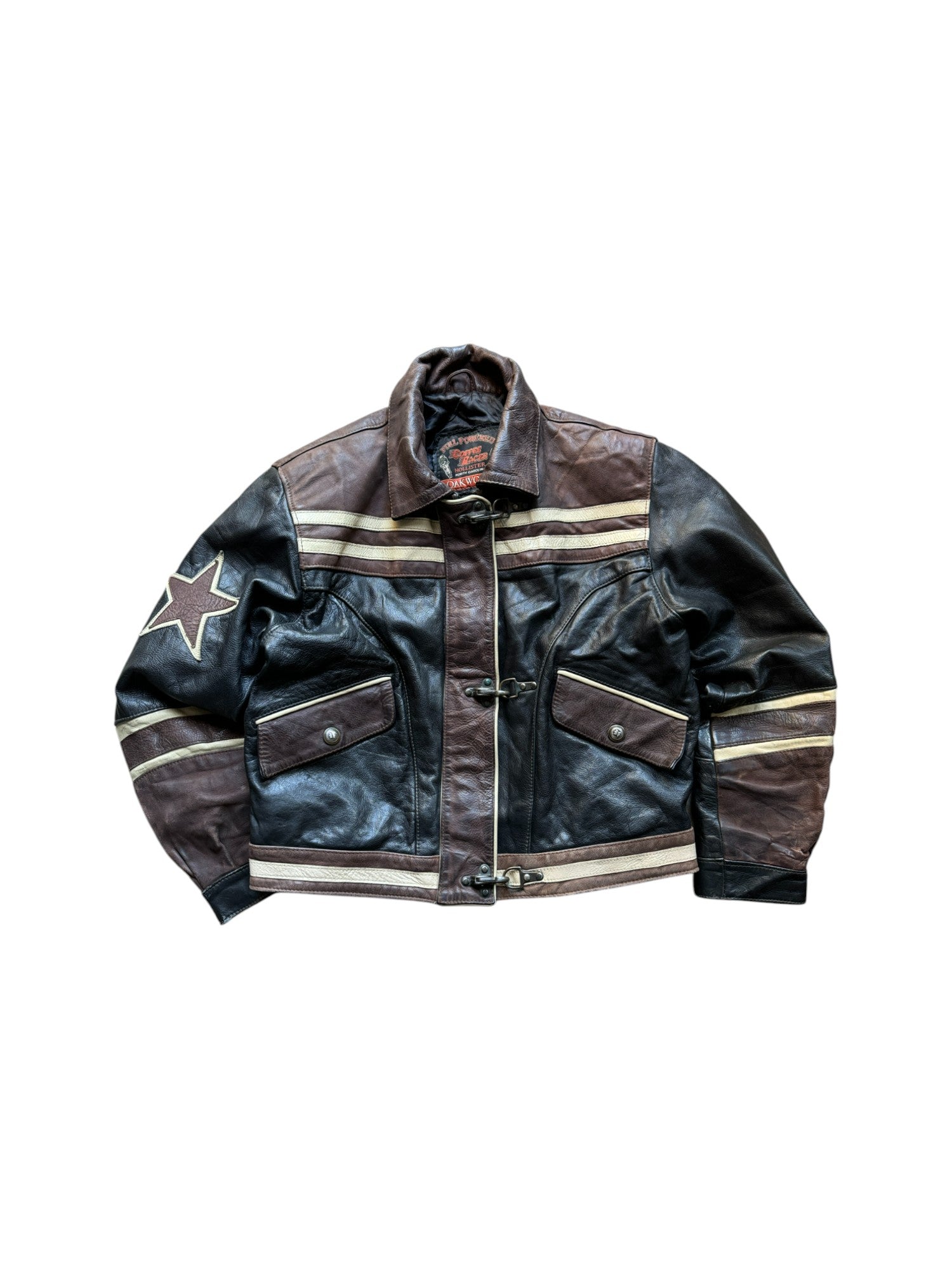 Vintage Oakwood Lederjacke 90s Karabinerverschluss Schwarz Braun S