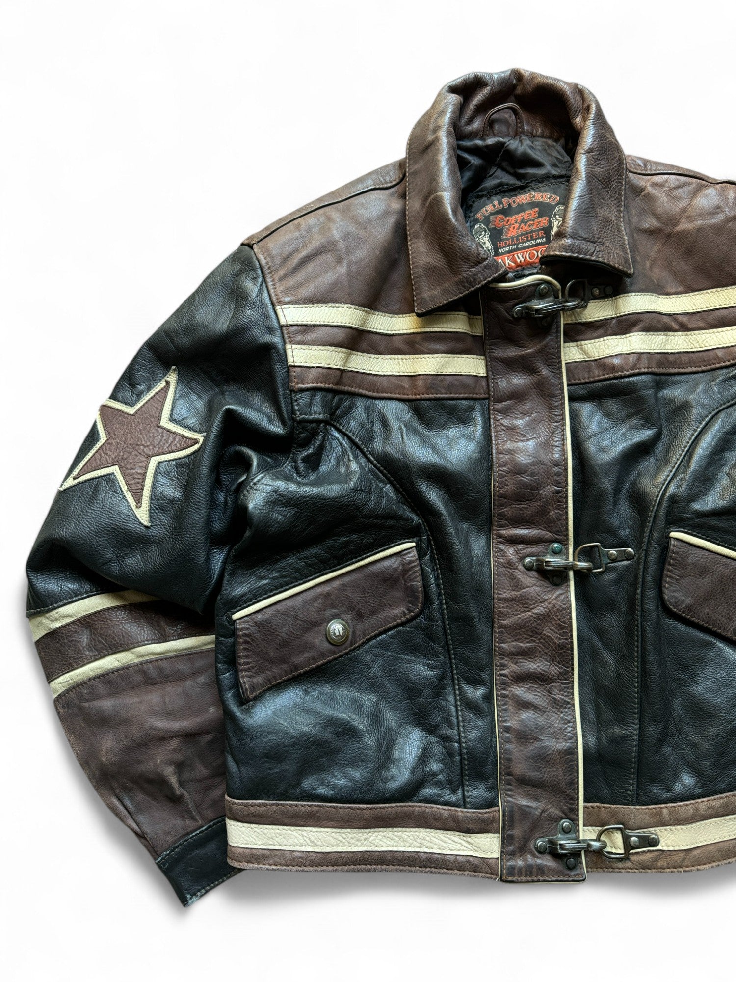 Vintage Oakwood Lederjacke 90s Karabinerverschluss Schwarz Braun S