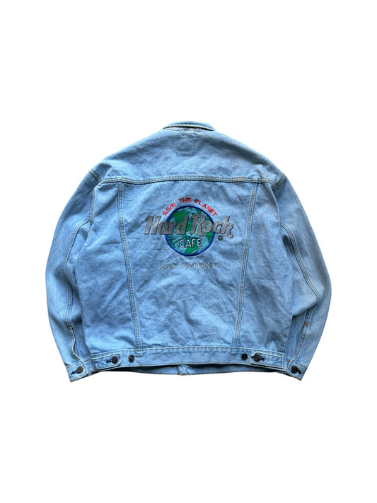 Vintage Hard Rock Cafe Jeansjacke 90s San Antonio "Save The Planet" Hellblau L