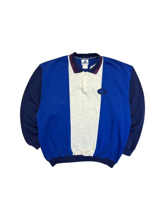 90s Adidas 1/4 Zip Pullover Mit Polokragen Blau Grau D6 M