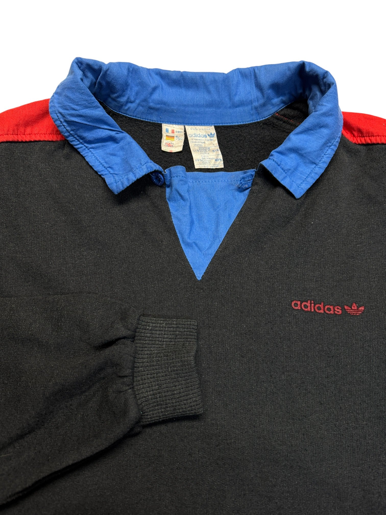 70s-80s Adidas By Ventex Polosweater Mit Taschen Made In France Schwarz Rot 6/50 M