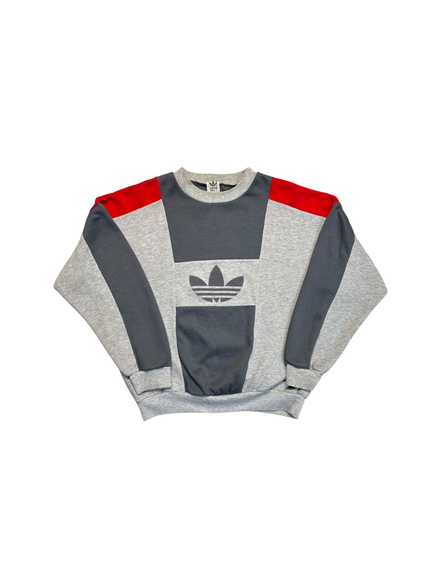 80s Adidas Sweater Crewneck Big Trefoil Made In Singapore Grau Rot D7 L