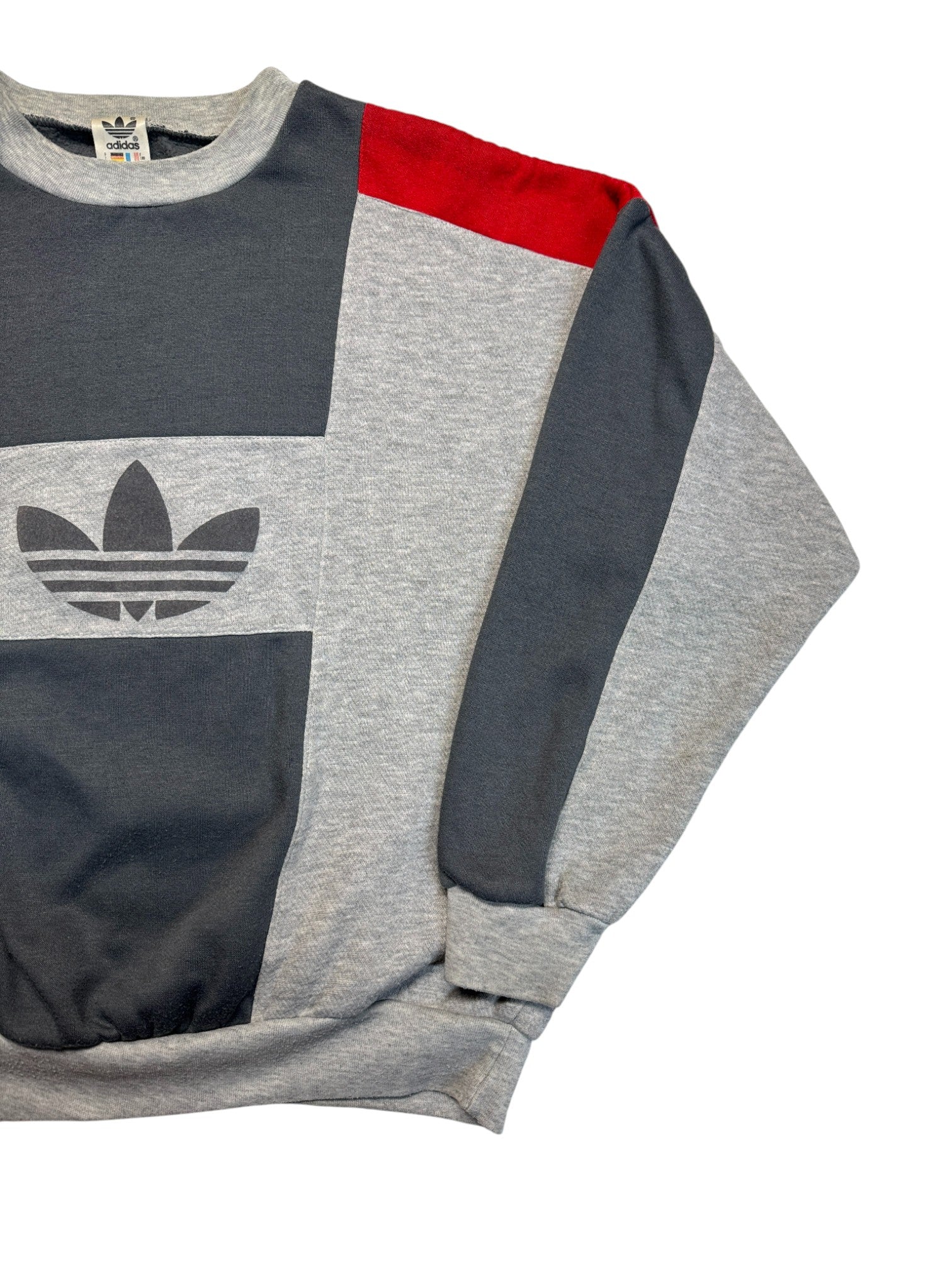 80s Adidas Sweater Crewneck Big Trefoil Made In Singapore Grau Rot D7 L