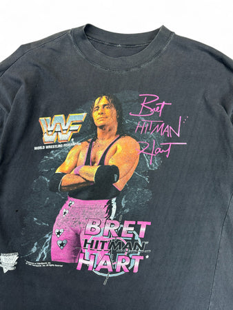 Vintage WWE Shirt 1992 Bret Hart Hitman WWF Paperthin Single Stitch Schwarz M-L