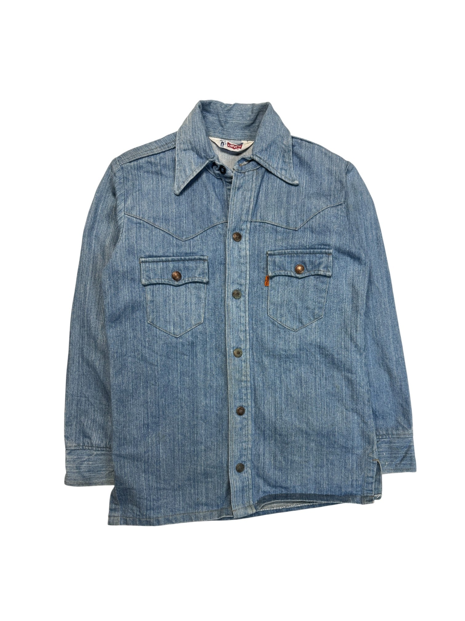 70s Levis Western Hemd Orange Tab 73 Made In USA Blau 16 M-L - RareRags