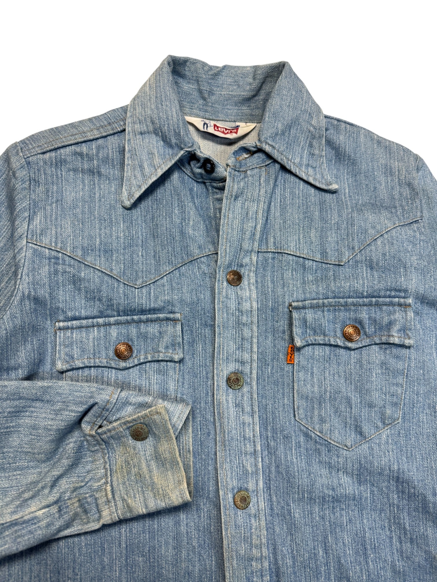 70s Levis Western Hemd Orange Tab 73 Made In USA Blau 16 M-L - RareRags