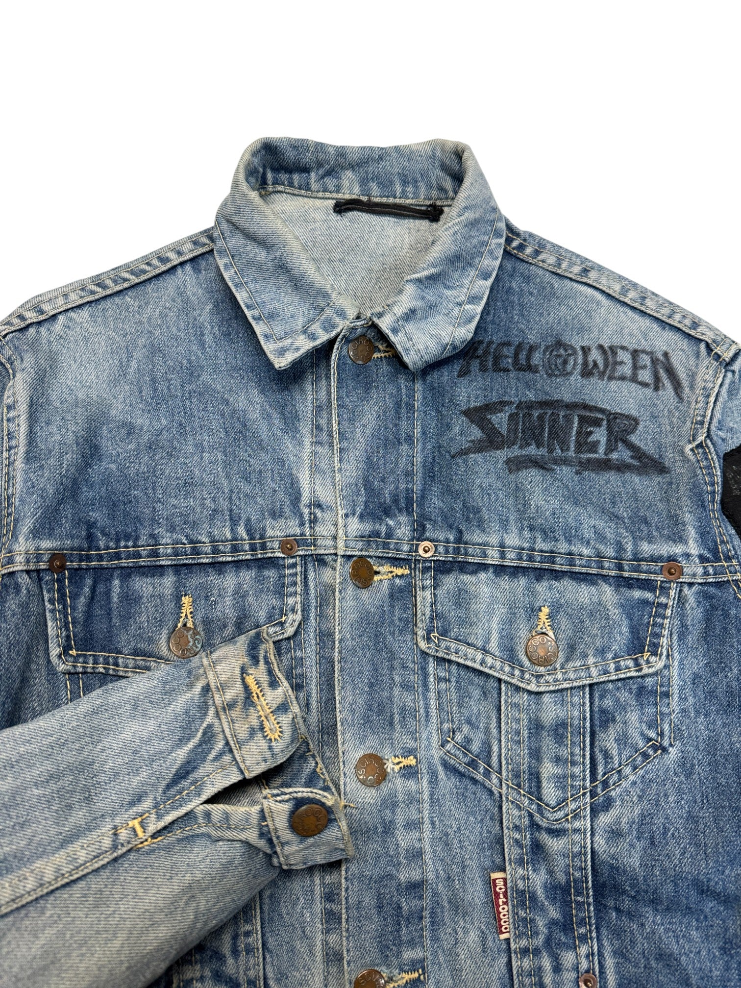 90s Scirocco Jeansjacke Customized "Helloween Sinner" Blau M - RareRags