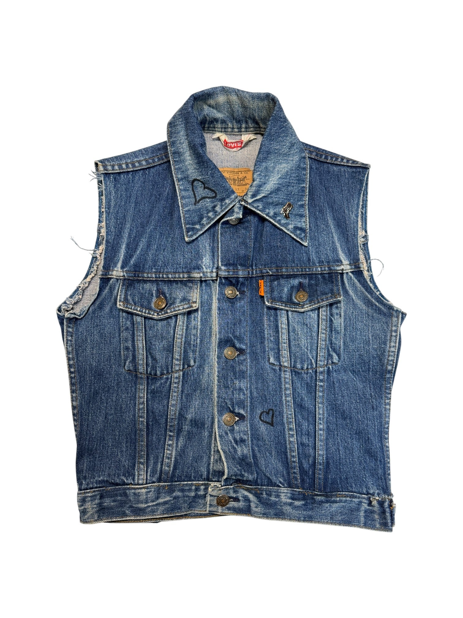 70s Levis Damen Cut-Off Jeansweste Orange Tab F01 Made In France Blau 34 XS-S - RareRags