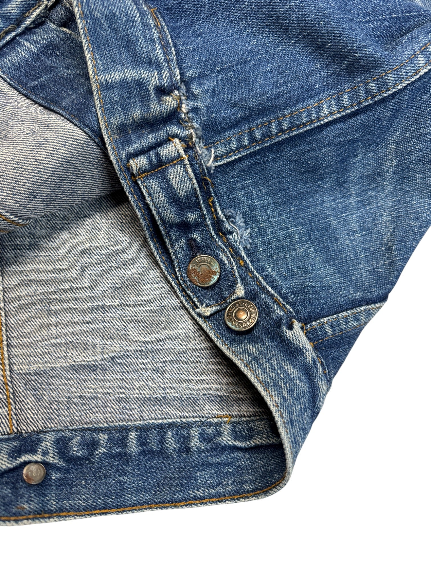 70s Levis Damen Cut-Off Jeansweste Orange Tab F01 Made In France Blau 34 XS-S - RareRags