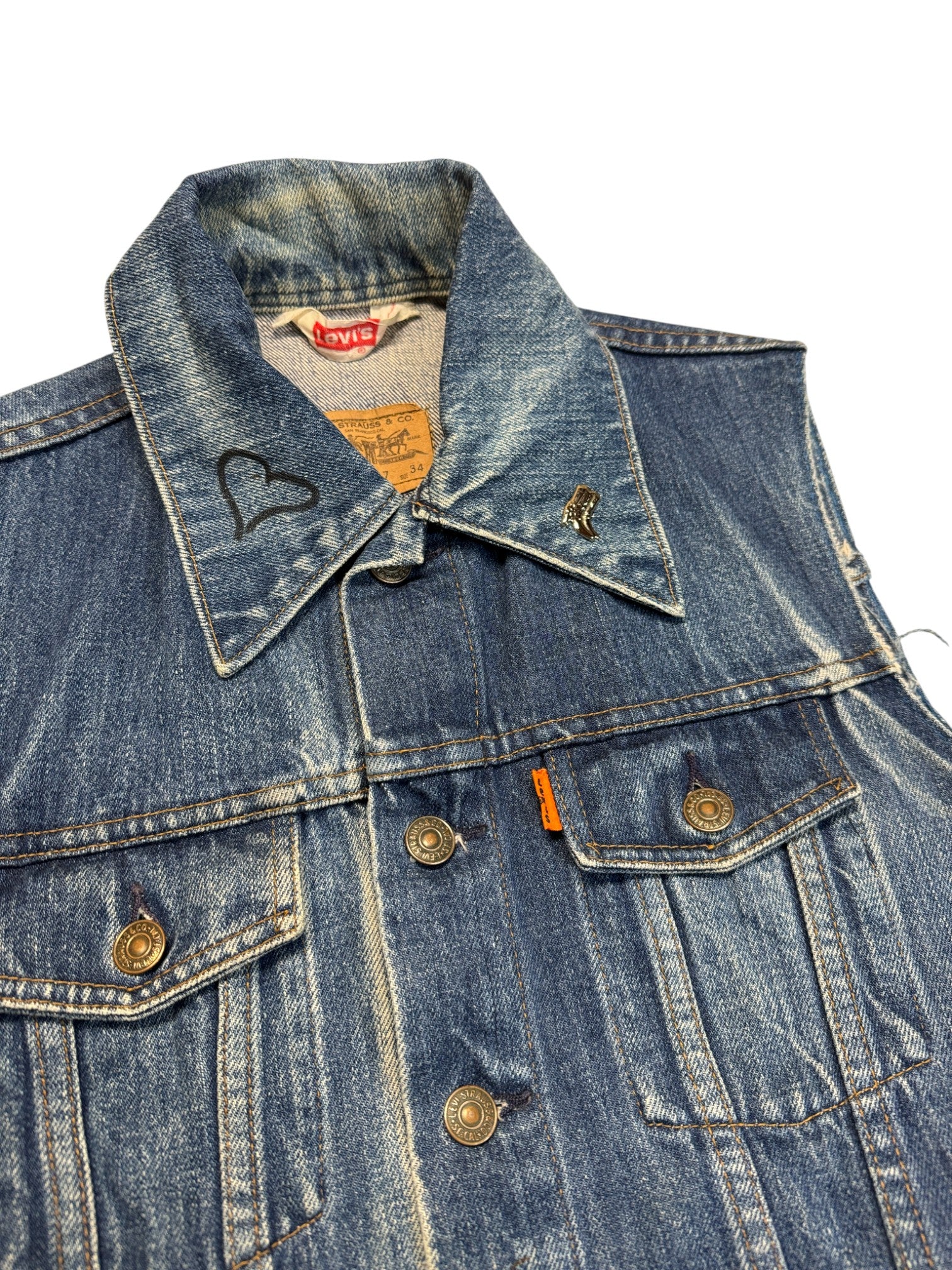 70s Levis Damen Cut-Off Jeansweste Orange Tab F01 Made In France Blau 34 XS-S - RareRags