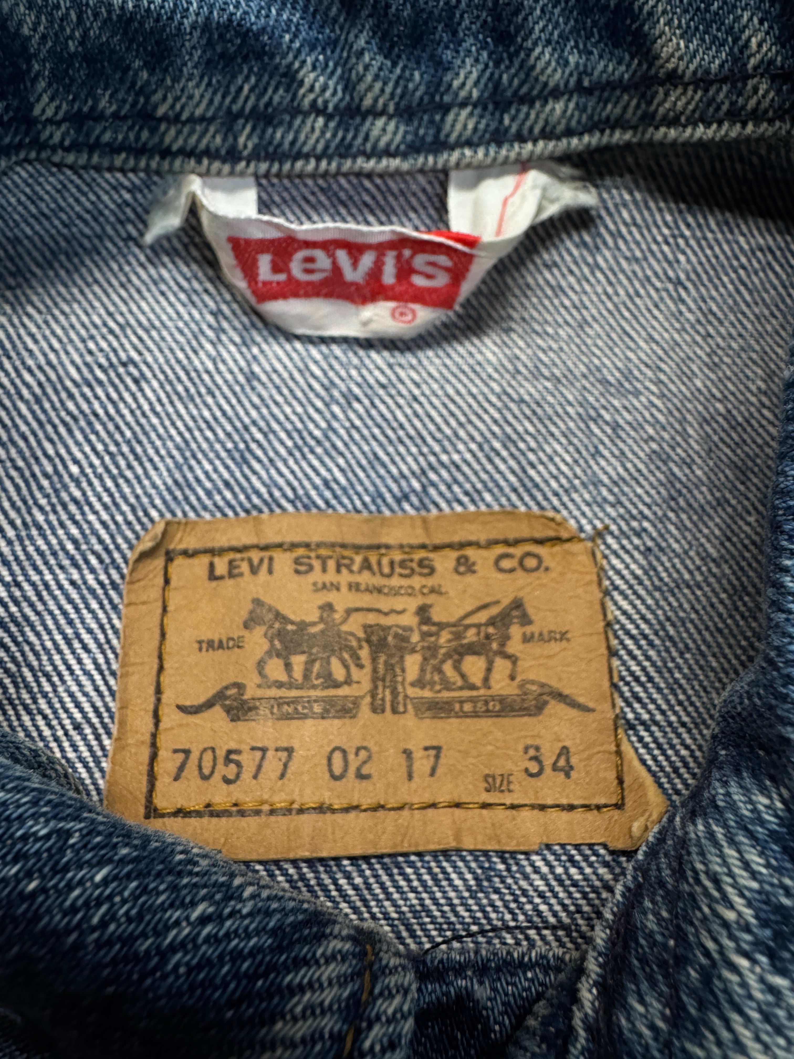 70s Levis Damen Cut-Off Jeansweste Orange Tab F01 Made In France Blau 34 XS-S - RareRags