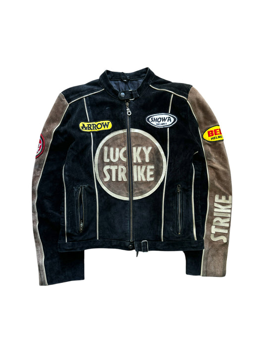Vintage Damen Racing Lederjacke 90s Lucky Strike Arrow Braun Schwarz M