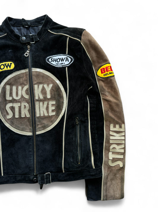 Vintage Damen Racing Lederjacke 90s Lucky Strike Arrow Braun Schwarz M