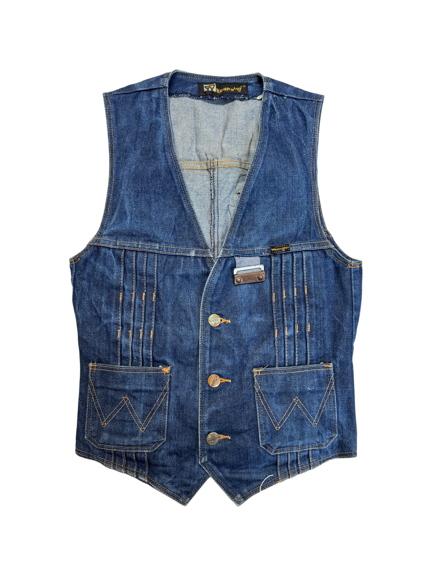 70s Wrangler Jeansweste Iron Cross Patch Scovill Rivets Blau XS - RareRags