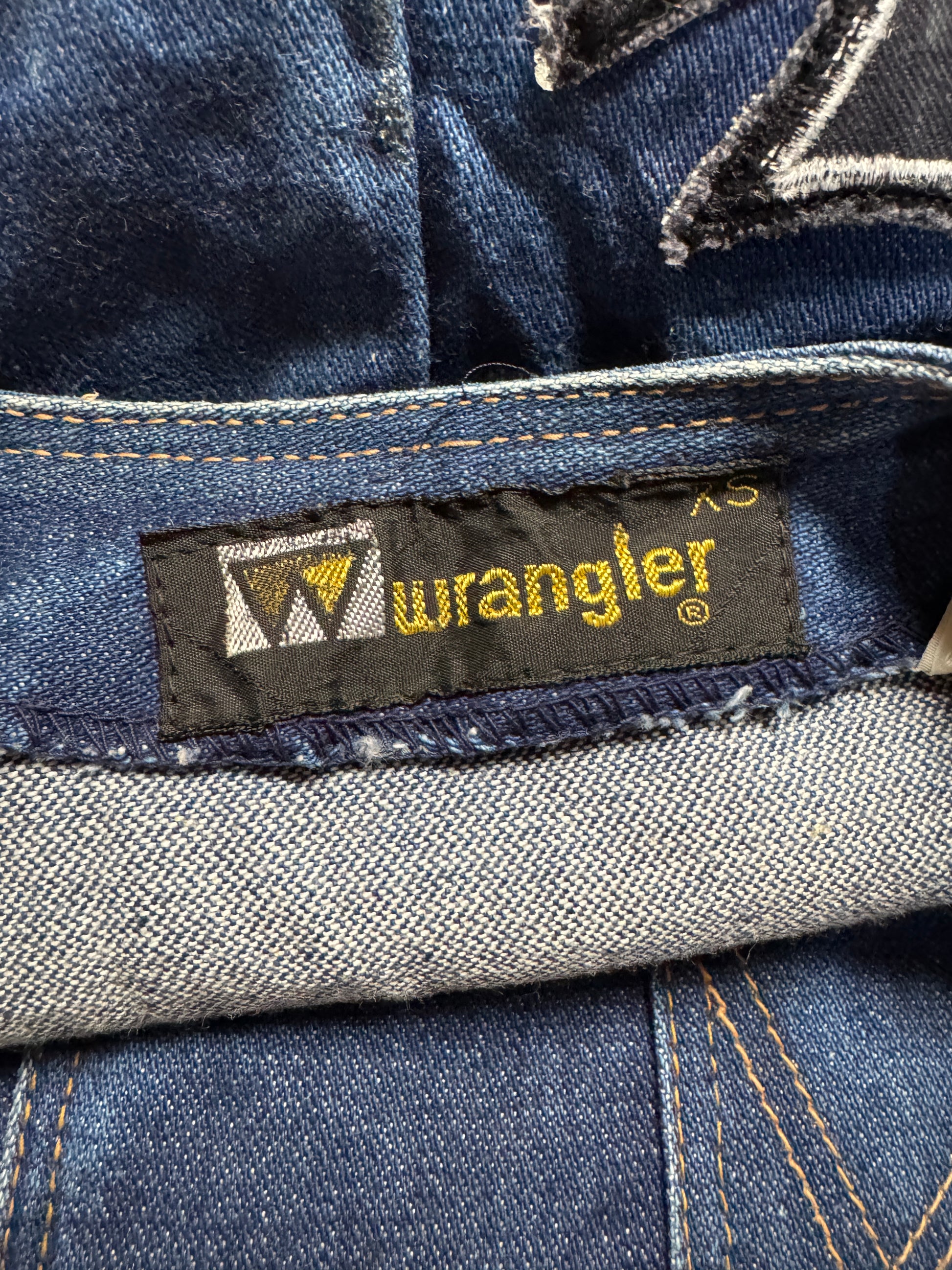 70s Wrangler Jeansweste Iron Cross Patch Scovill Rivets Blau XS - RareRags