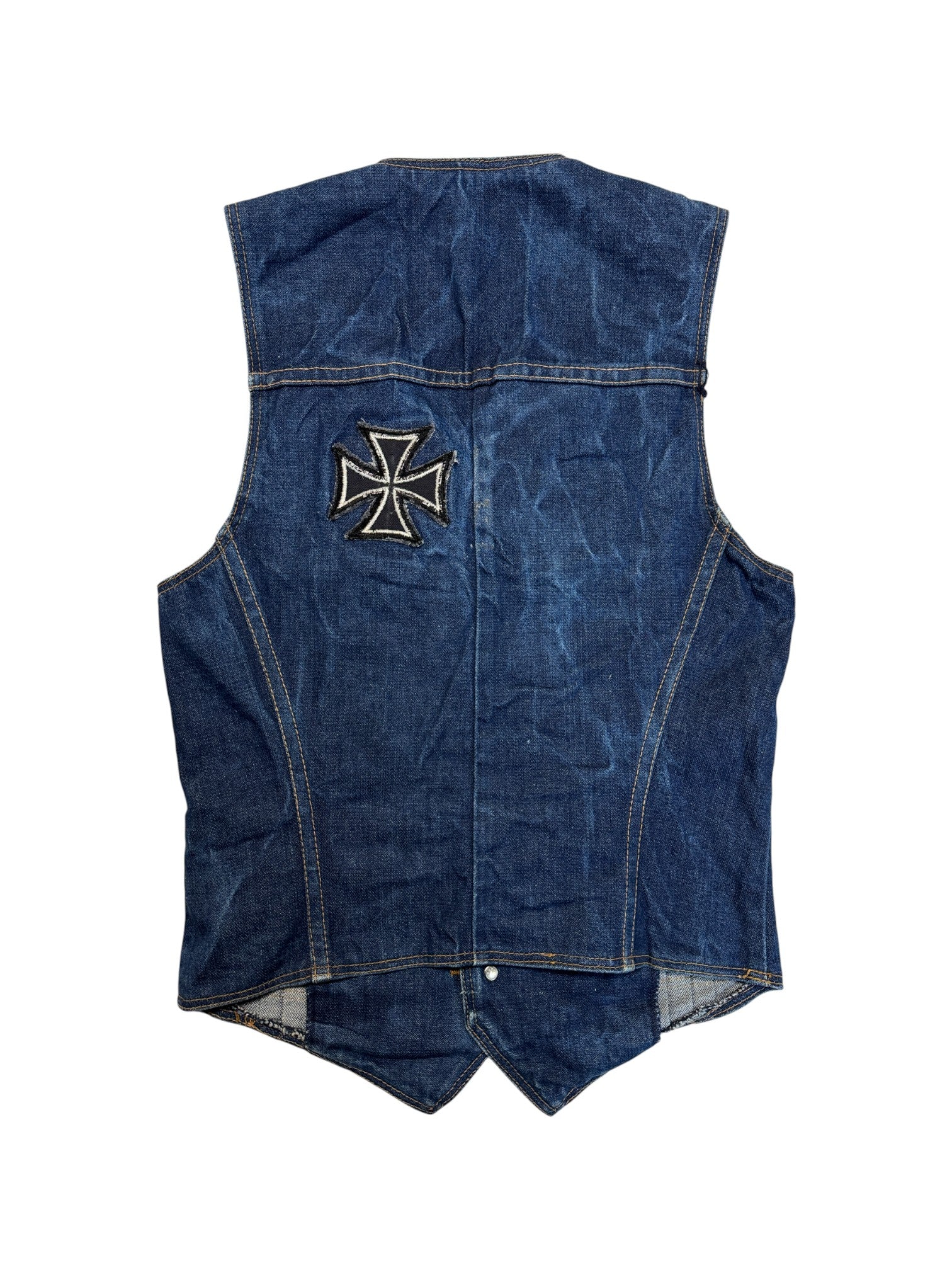 70s Wrangler Jeansweste Iron Cross Patch Scovill Rivets Blau XS - RareRags