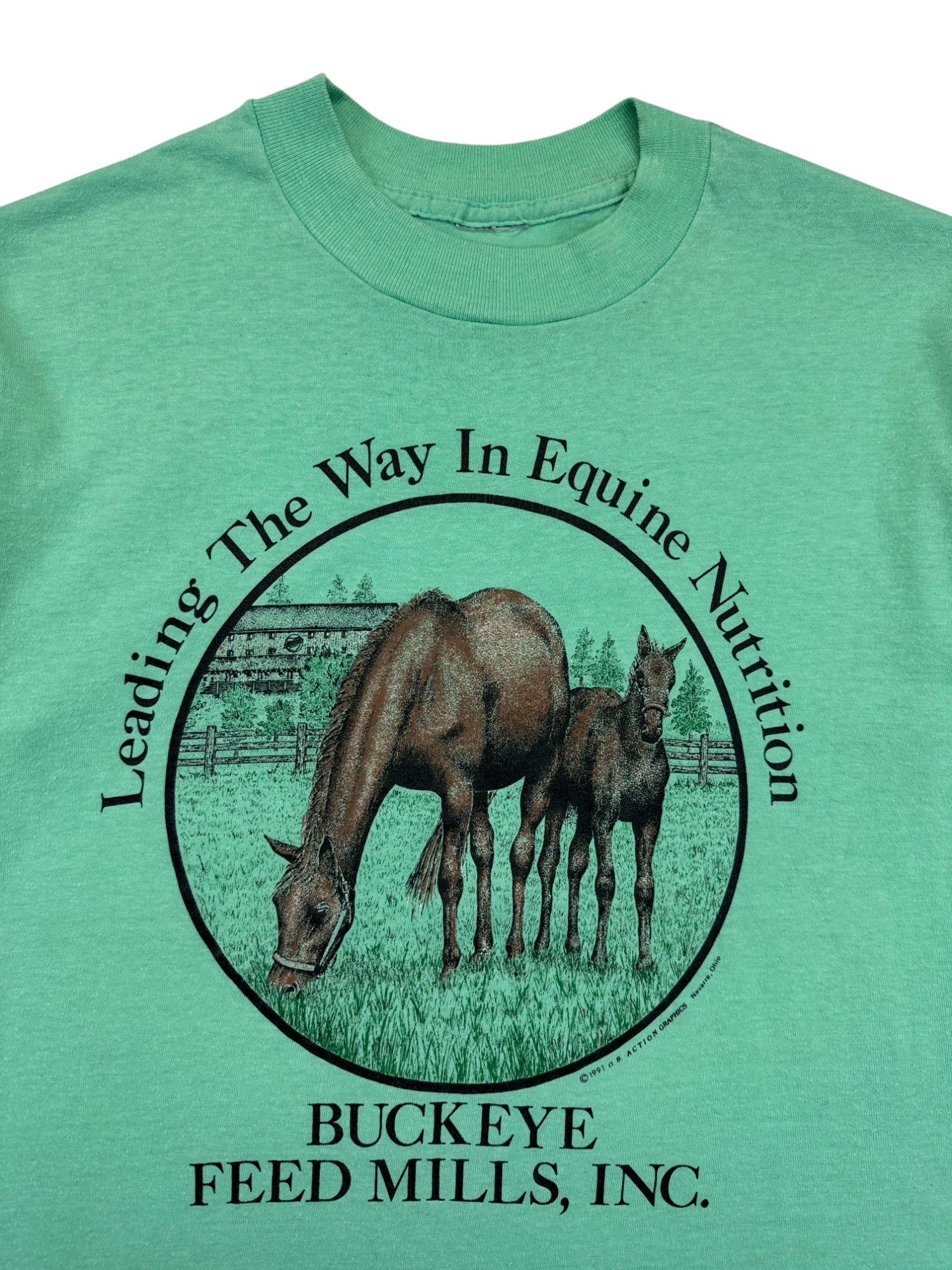 Vintage Buckeye Feed Mills Inc. Shirt 1991 Promo "Leading The Way In Equine Nutrition" Single Stitch Grün M-L