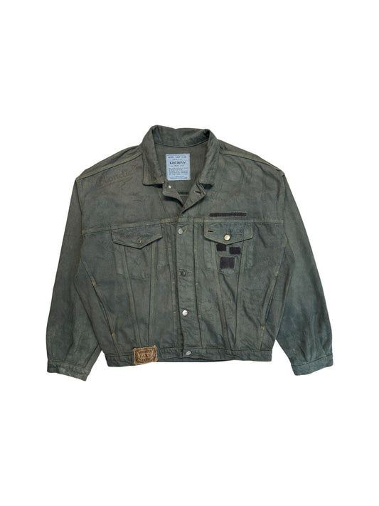 90s Chewan Customized Jeansjacke "Acid House" Grau Grün L-XL - RareRags