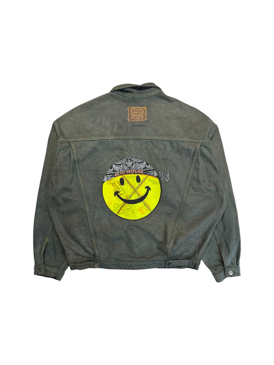 90s Chewan Customized Jeansjacke "Acid House" Grau Grün L-XL - RareRags