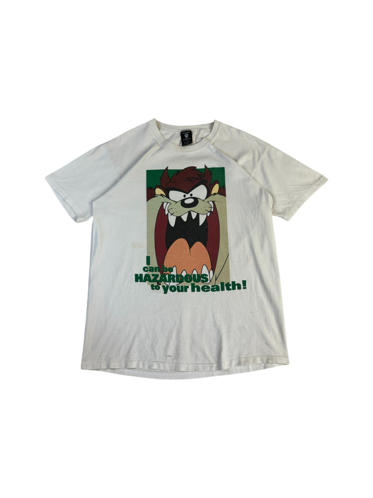 Vintage Warner Bros. Shirt 90s Taz "I can be HAZARDOUS to your health!" Stained Single Stitch Made In USA Weiß L