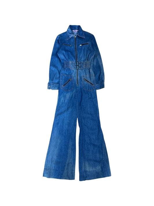 70s Faded Glory Flared Damen Overall Made In Hong Kong Blau S - RareRags