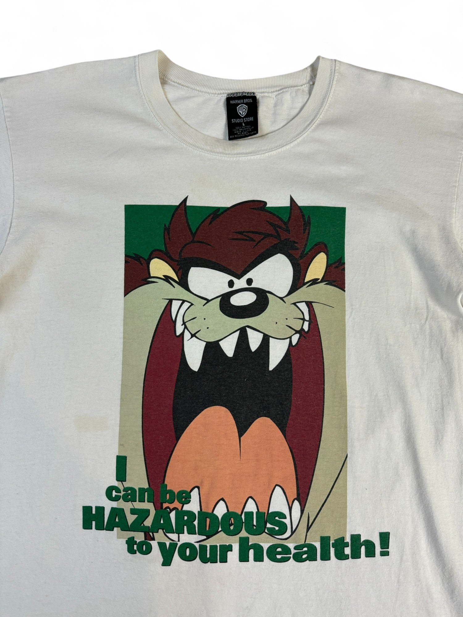 Vintage Warner Bros. Shirt 90s Taz "I can be HAZARDOUS to your health!" Stained Single Stitch Made In USA Weiß L