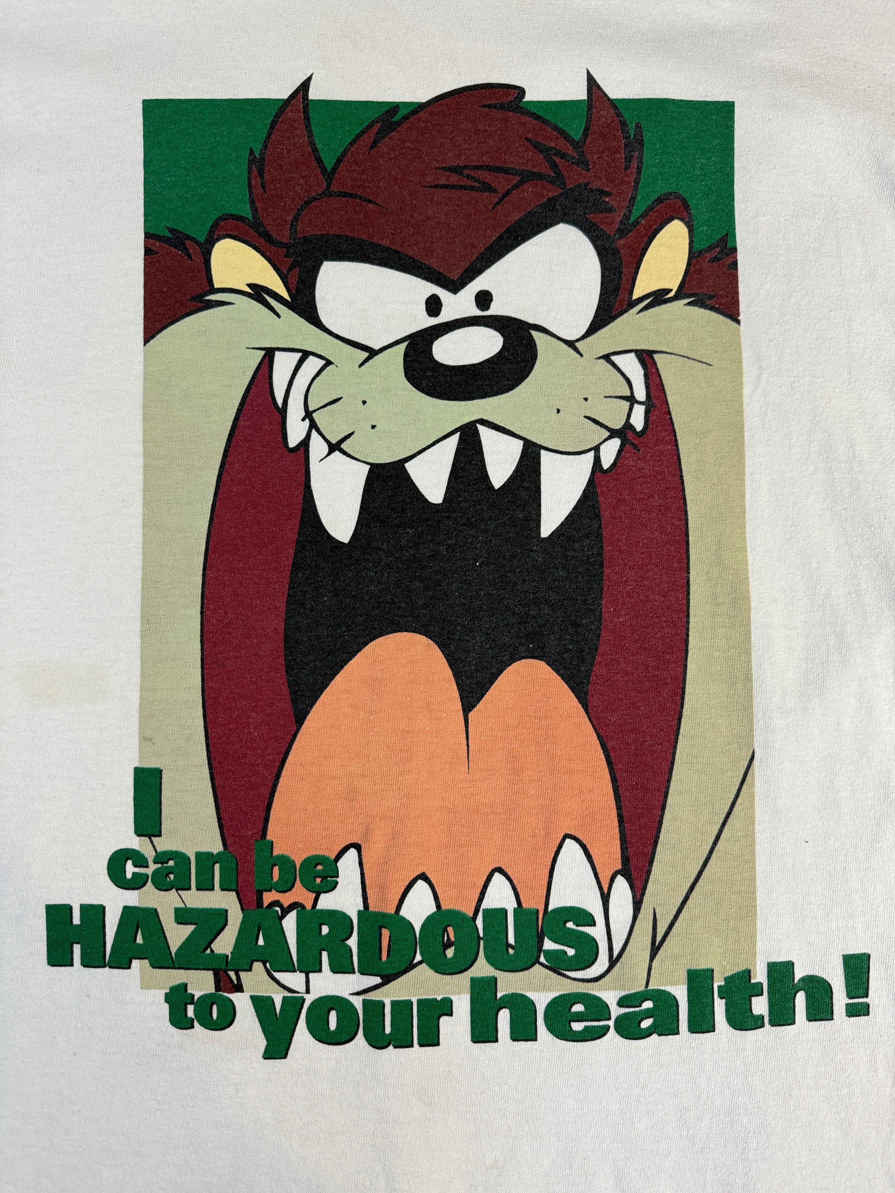 Vintage Warner Bros. Shirt 90s Taz "I can be HAZARDOUS to your health!" Stained Single Stitch Made In USA Weiß L